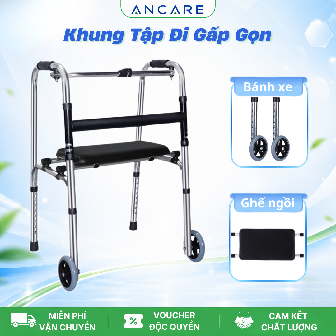 Khung Tập Đi – Đứng 2 Chế Độ Có Ghế Ngồi, Bánh Xe – Gấp Gọn, Hỗ Trợ Người Già, Người Tai Biến